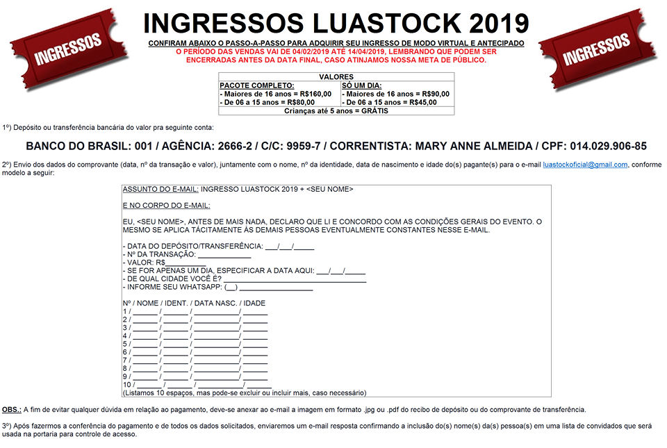 Luastock divulga preços dos ingressos